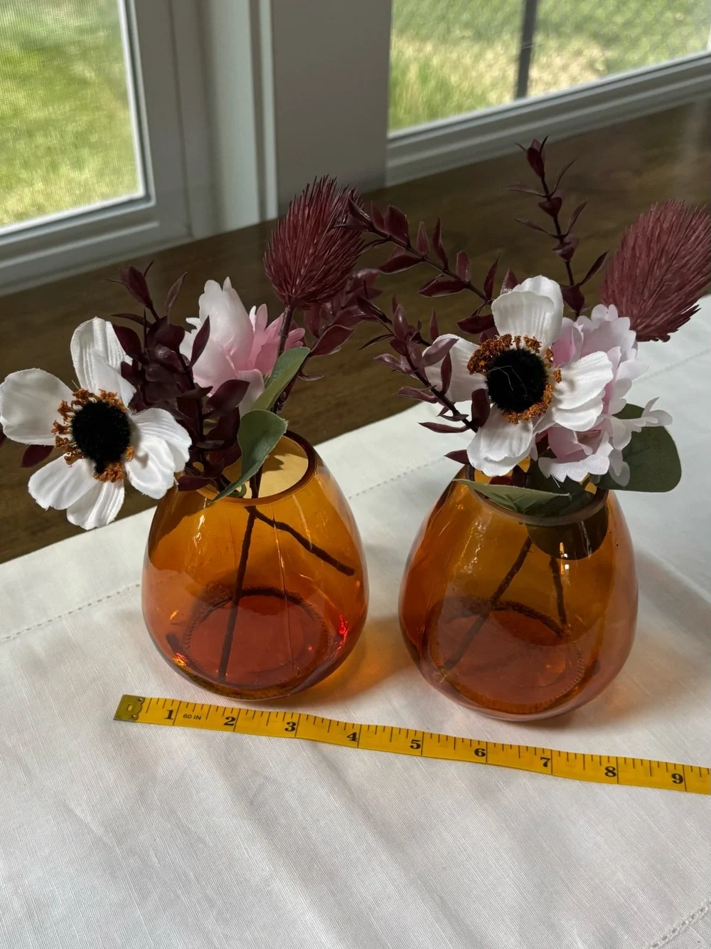 Amber Glass Vases & Flowers - Set of 2